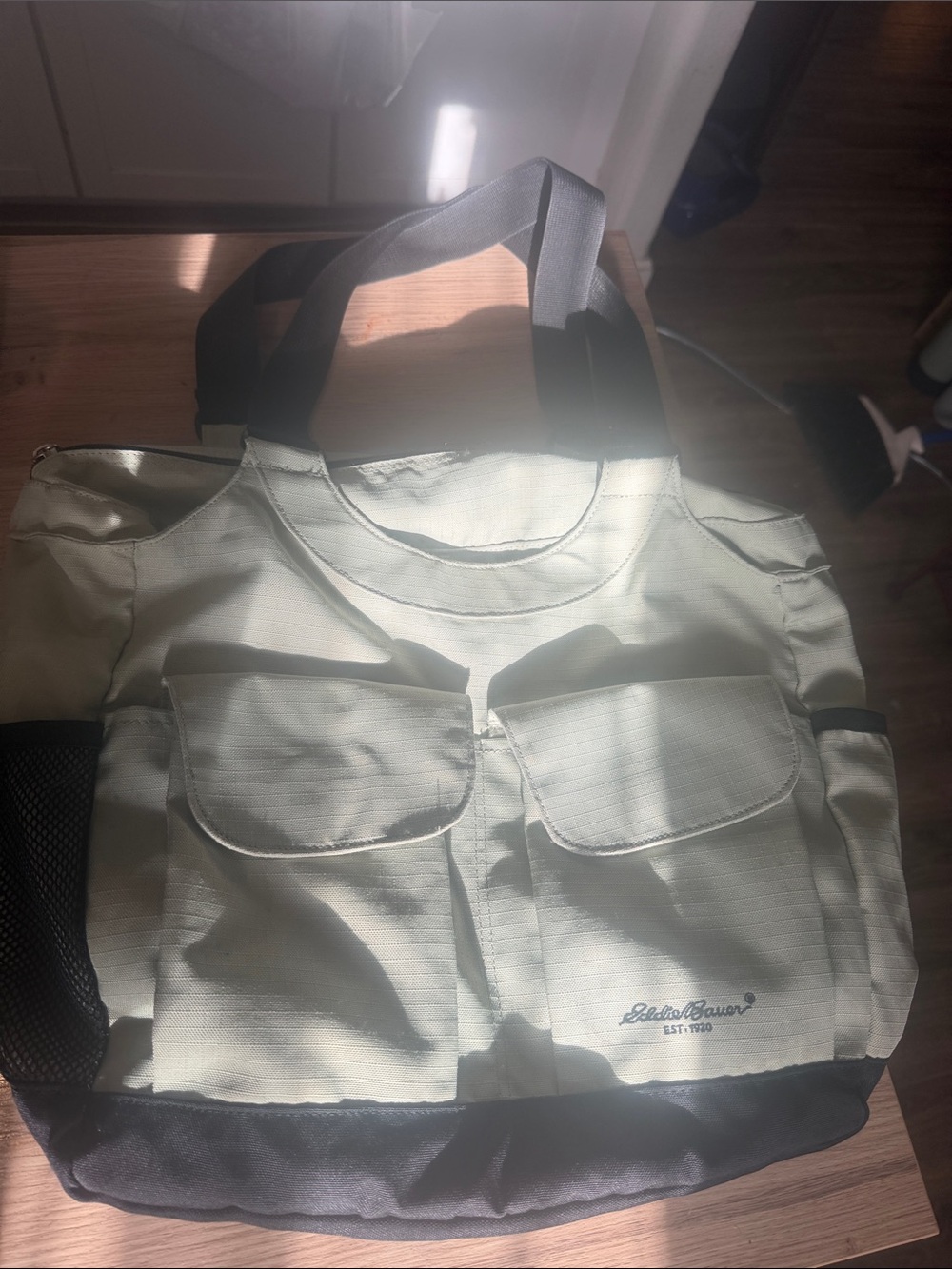 Eddie Bauer light green and Black Canvas Tote with Front Flap Pockets